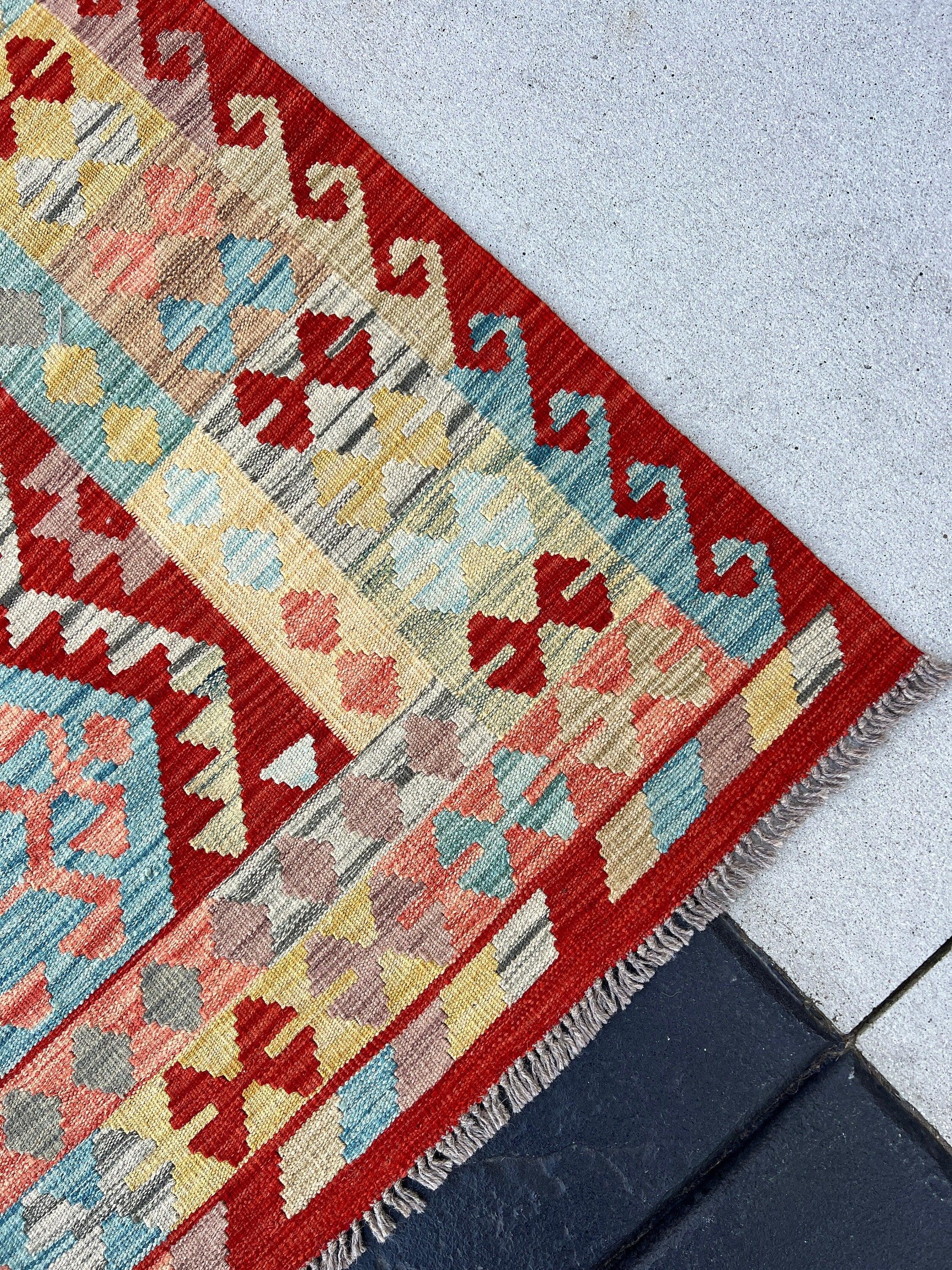 6x8 (180x245) Handmade Afghan Kilim Rug | Brick Red Burnt Orange Teal Turquoise Olive Sky Blue Chocolate Brown Olive Mustard | Persian Wool