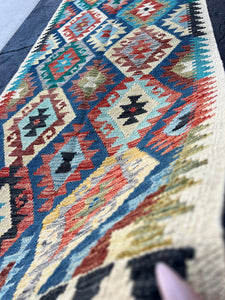 3x13 (90x395) Handmade Afghan Kilim Rug Runner | Cream Sky Denim Blue Chocolate Brown Black Teal Brick Red Orange Olive Moss Green | Wool