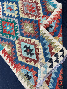 3x13 (90x395) Handmade Afghan Kilim Rug Runner | Cream Sky Denim Blue Chocolate Brown Black Teal Brick Red Orange Olive Moss Green | Wool