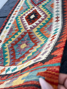 3x7 (100x200) Handmade Afghan Kilim Runner Rug | Burnt Orange Cornsilk Yellow Purple Teal Ivory Black Denim Blue Grey Crimson Red | Persian