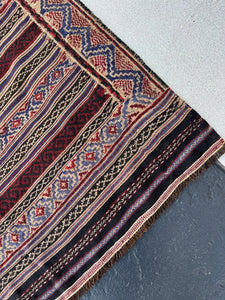 4x7 (120x215) Handmade Afghan Kilim Rug | Crimson Blood Red Navy Midnight Denim Blue Black Cream Beige | Persian Turkish Oushak Wool