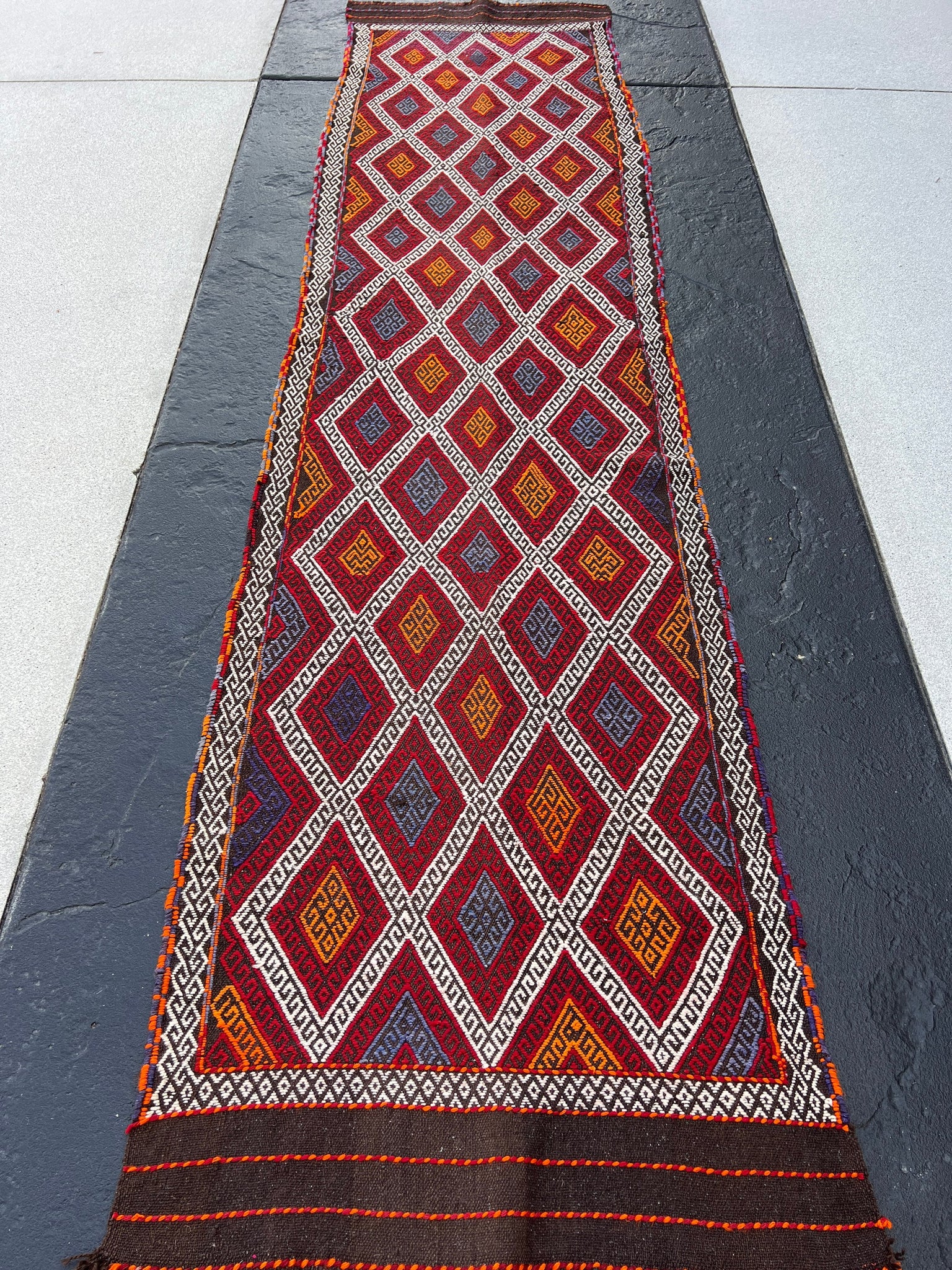 3x10 (90x305) Fair Trade Handmade Afghan Kilim Runner Rug | Crimson Red Navy Midnight Blue Ivory Orange Black | Wool Oushak Turkish Persian