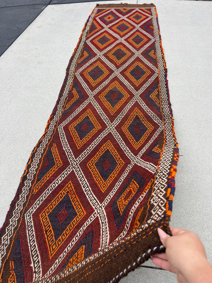 3x10 (90x305) Fair Trade Handmade Afghan Kilim Runner Rug | Chocolate Brown Ivory Orange Midnight Blue Crimson Red | Persian Oushak Wool