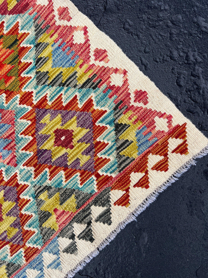 3x7 (100x200) Handmade Afghan Kilim Runner Rug | Cream Ivory Crimson Brick Red Denim Sky Blue Olive Forest Teal Burnt Orange Purple | Wool