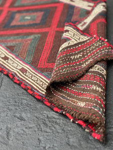 2x9 (60x275) Handmade Afghan Kilim Runner Rug | Chocolate Brown Midnight Blue Crimson Blood Red Yellow Cream Beige | Oushak Flatweave Wool