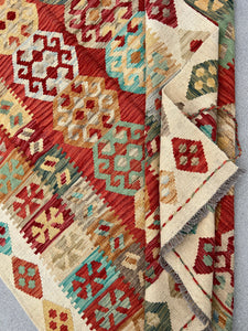6x9 (180x275) Handmade Afghan Kilim Rug | Cream Beige Brick Red Grey Teal Turquoise Aqua Chocolate Brown Tan Denim Blue Olive | Persian Wool