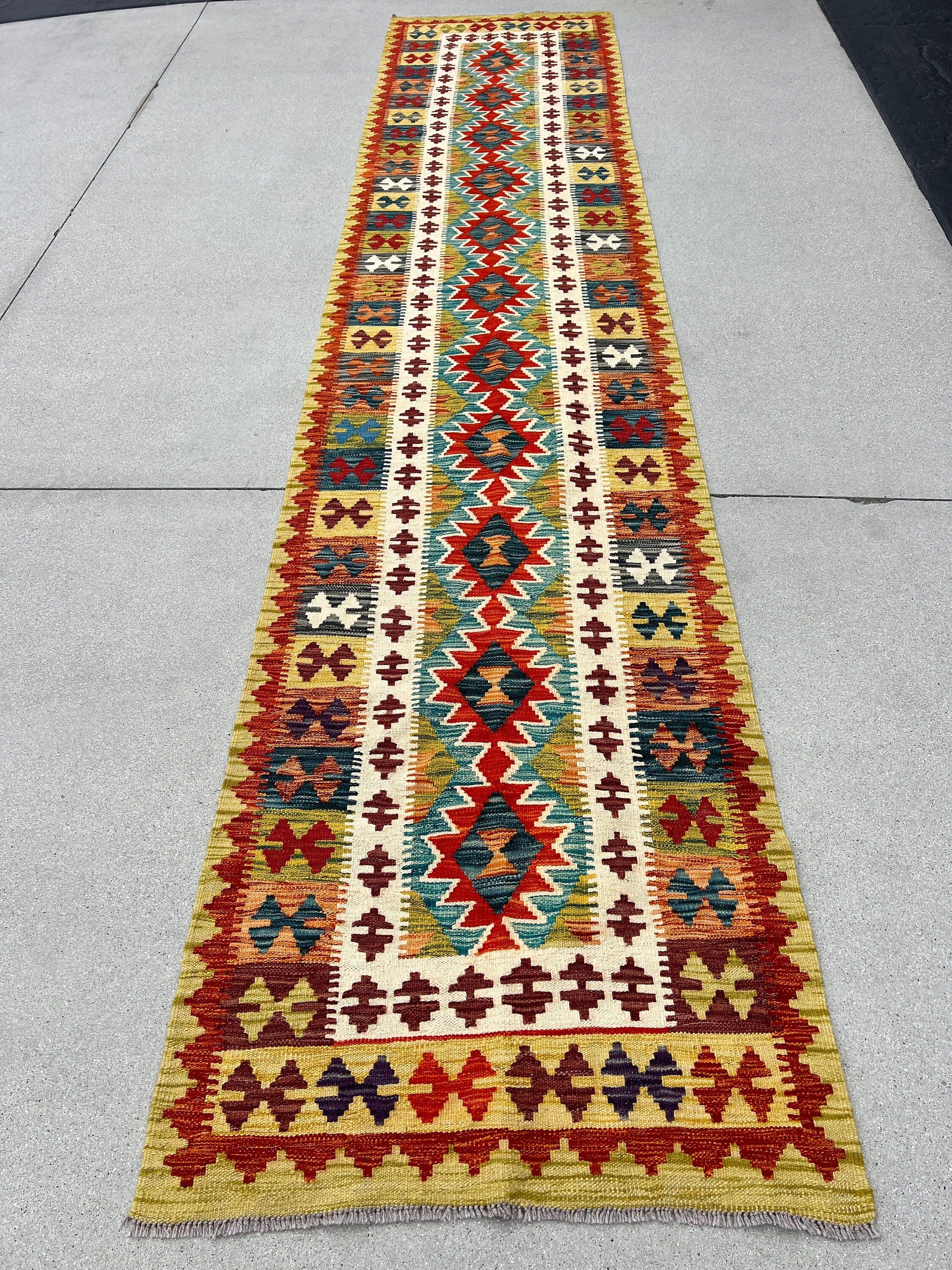 3x13 (90x410) Handmade Afghan Kilim Rug Runner | Olive Green Maroon Brick Red Teal Burnt Orange Charcoal Grey Prussian Blue Purple Cream