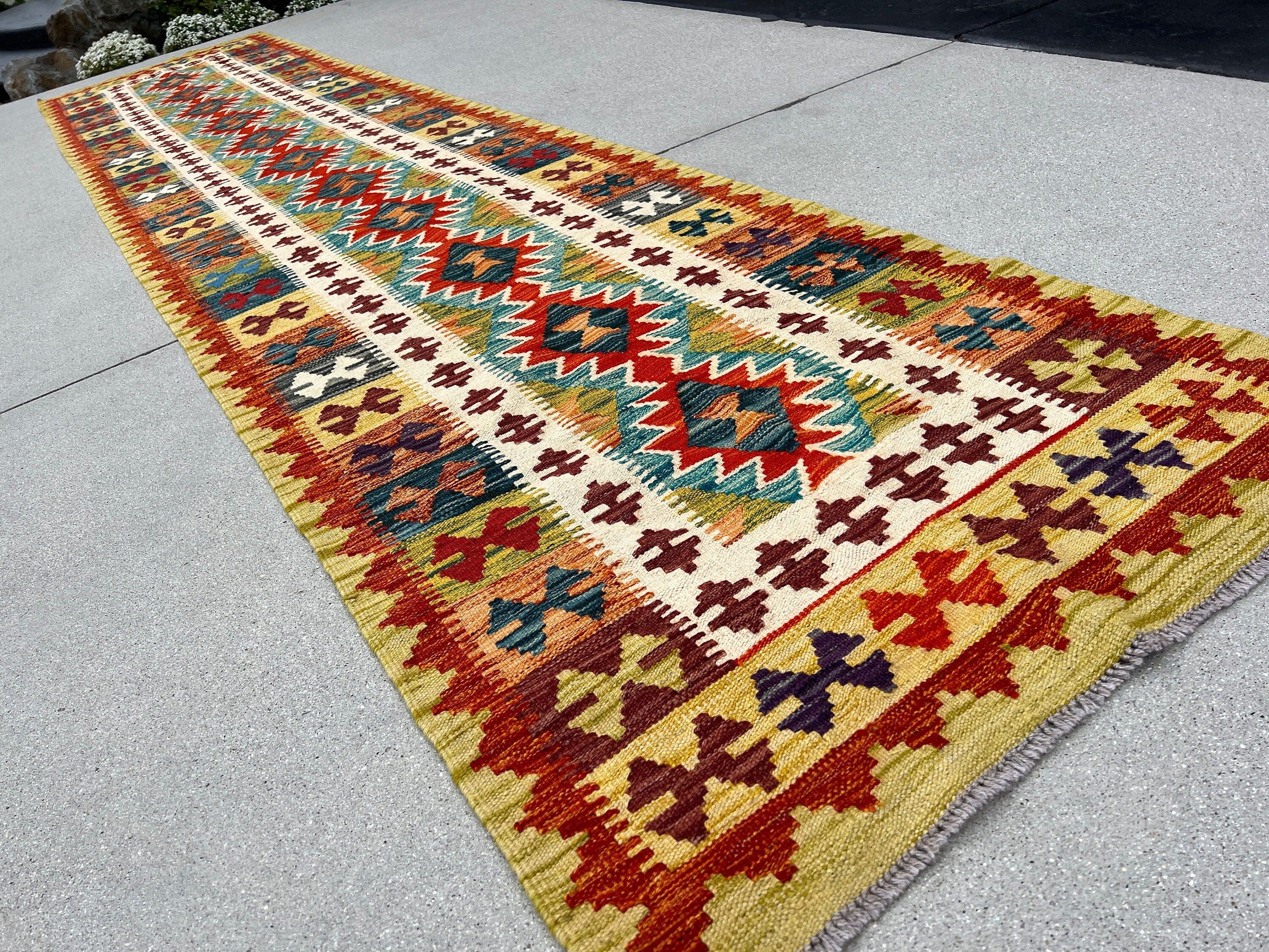 3x13 (90x410) Handmade Afghan Kilim Rug Runner | Olive Green Maroon Brick Red Teal Burnt Orange Charcoal Grey Prussian Blue Purple Cream