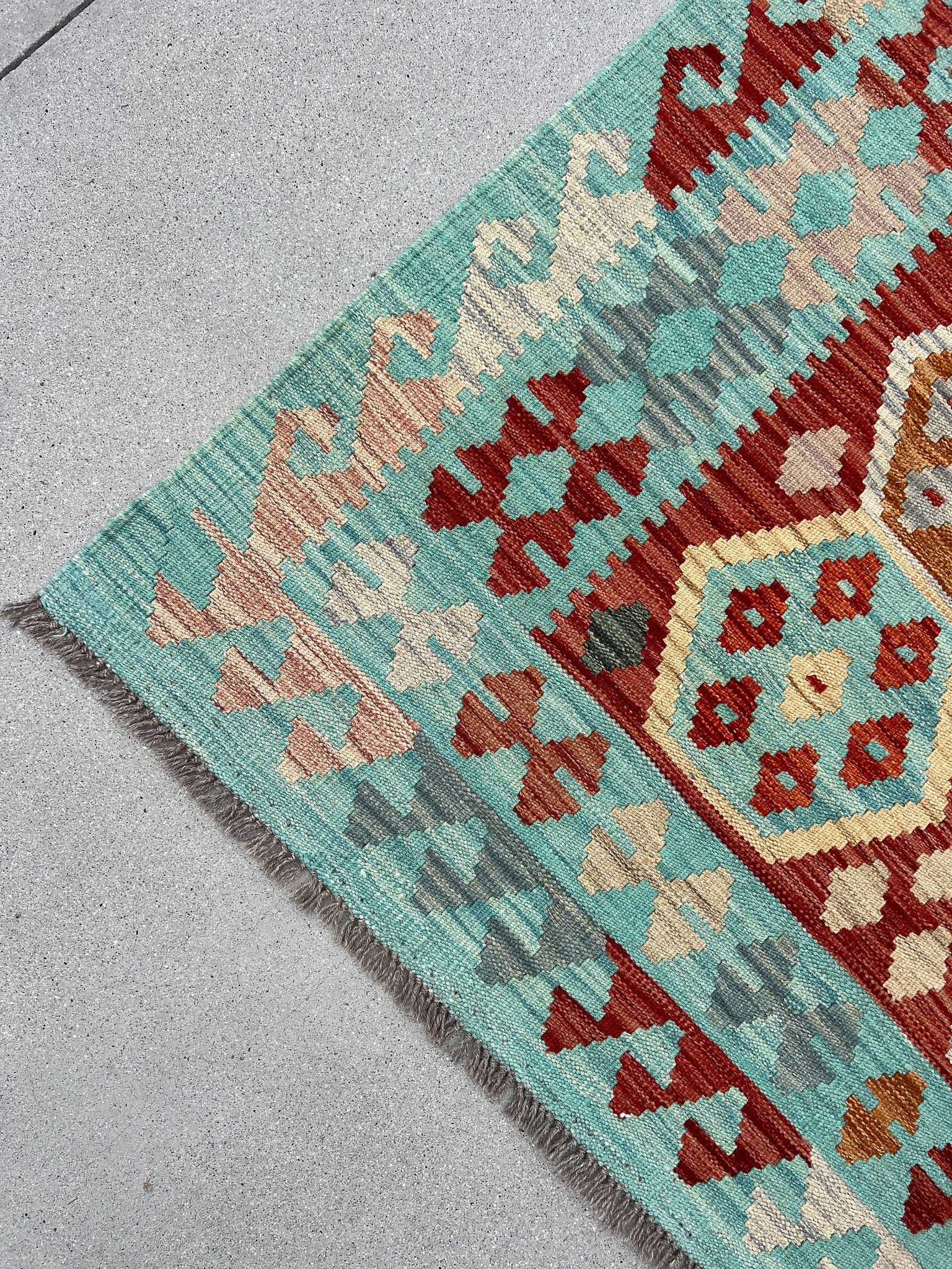 6x8 (180x245) Handmade Afghan Kilim Rug | Turquoise Brick Red Burnt Orange Grey Chocolate Tan Brown Cornsilk Teal Charcoal | Flatweave Wool