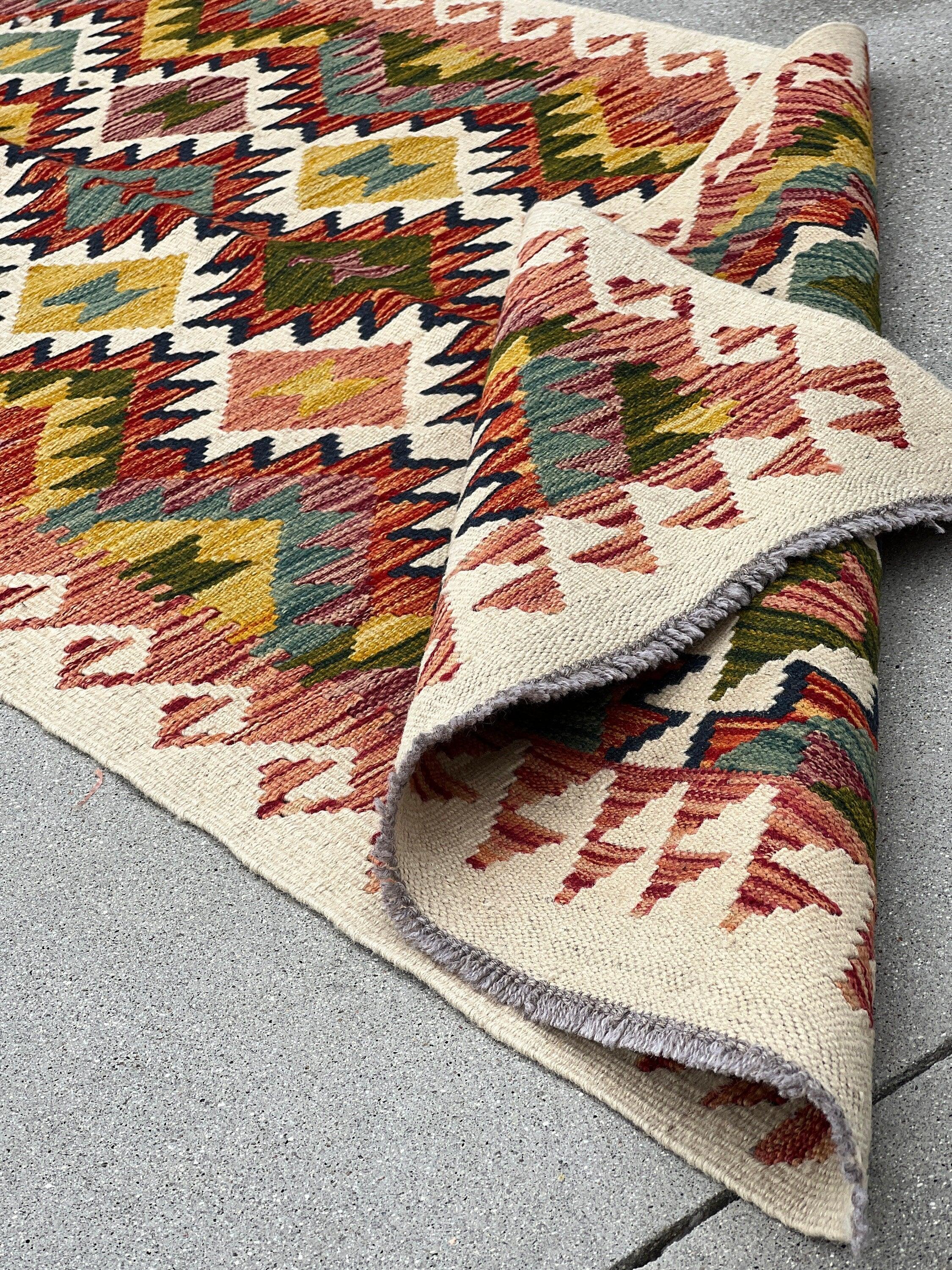 3x10 (90x305) Handmade Afghan Kilim Runner Rug | Cream Olive Pine Midnight Blue Brick Blood Red Moss Mustard Coral Orange Teal | Wool