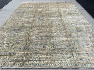 9x12 (270x365) Handmade Afghan Rug | Muted Neutral Brown Gold Grey Mint Tan | Turkish Hand Knotted Oushak Persian Oriental Flatweave Wool