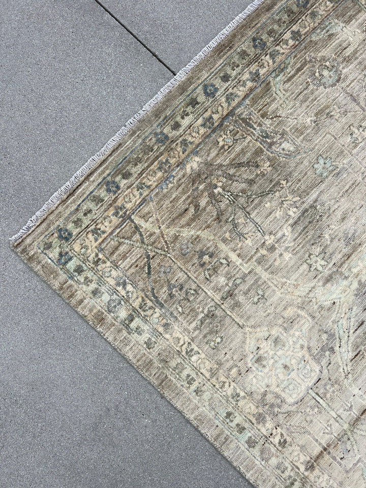 9x12 (270x365) Handmade Afghan Rug | Muted Neutral Brown Gold Grey Mint Tan | Turkish Hand Knotted Oushak Persian Oriental Flatweave Wool