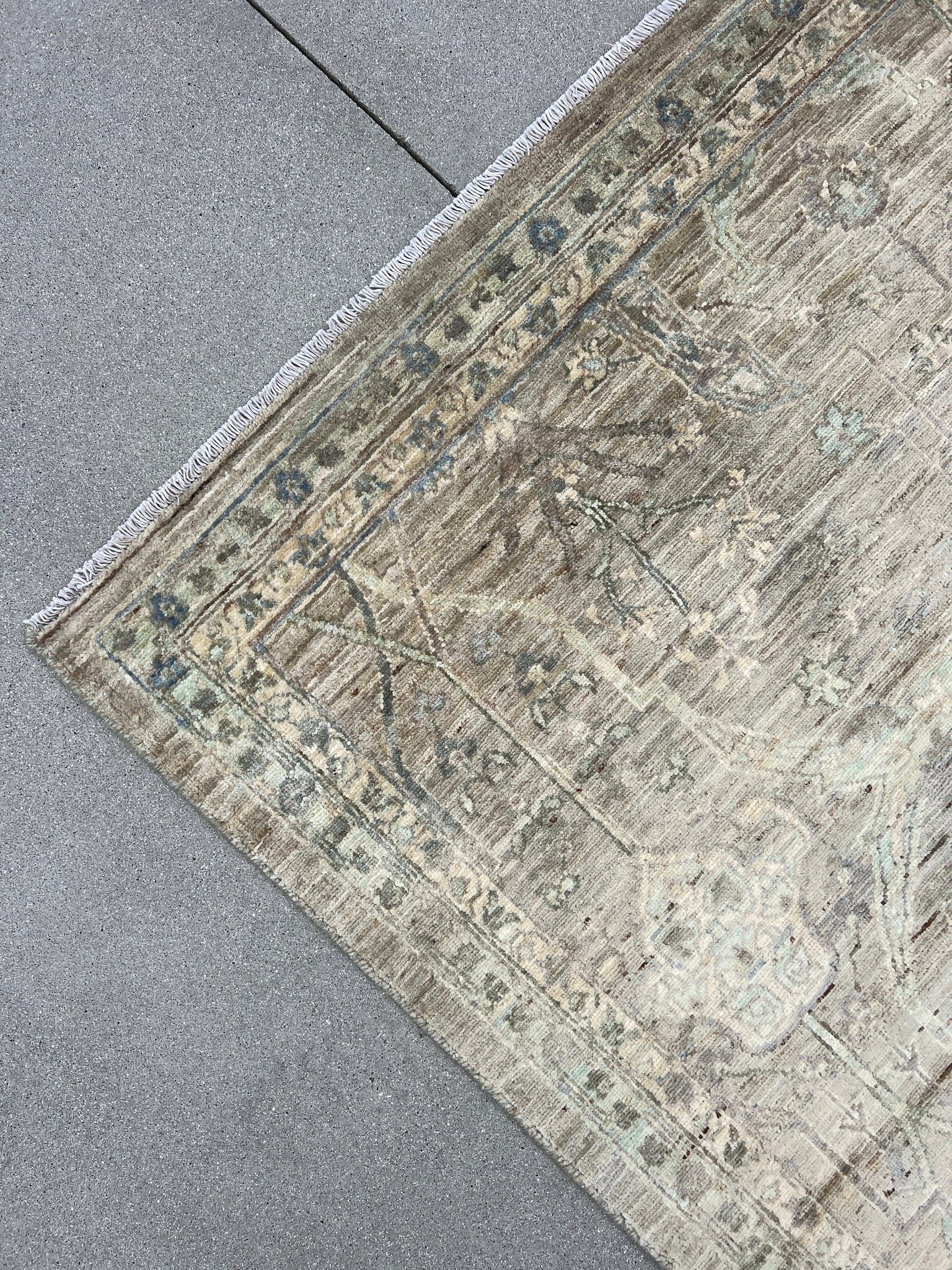 9x12 (270x365) Handmade Afghan Rug | Muted Neutral Brown Gold Grey Mint Tan | Turkish Hand Knotted Oushak Persian Oriental Flatweave Wool