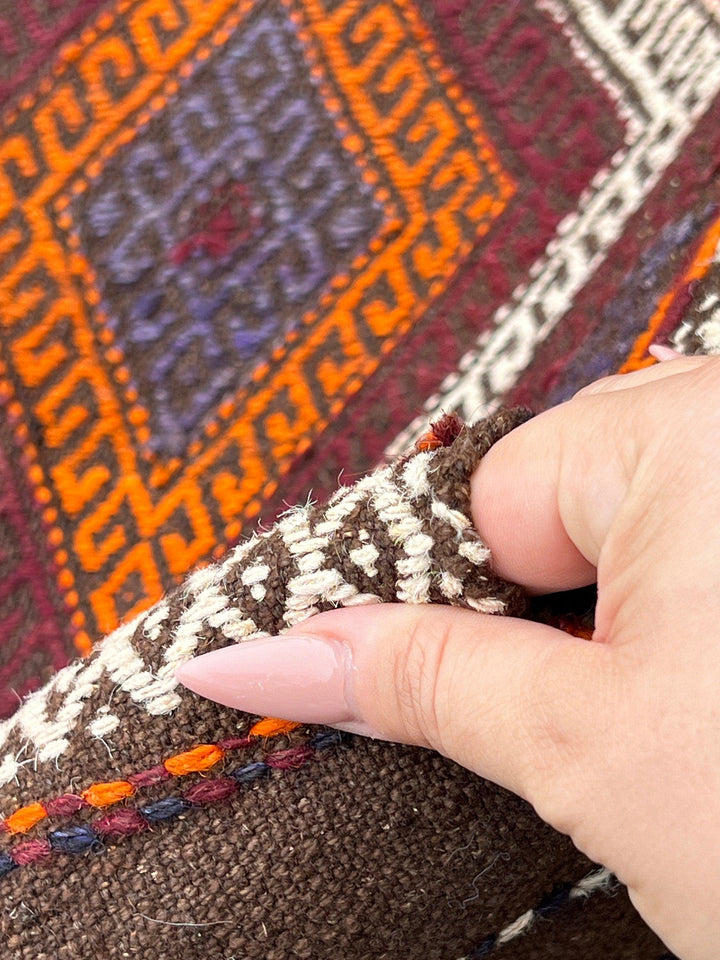 3x9 (90x275) Handmade Afghan Kilim Runner Rug | Chocolate Brown Maroon Garnet Red Ivory Orange Navy Midnight Blue | Persian Flatweave Wool