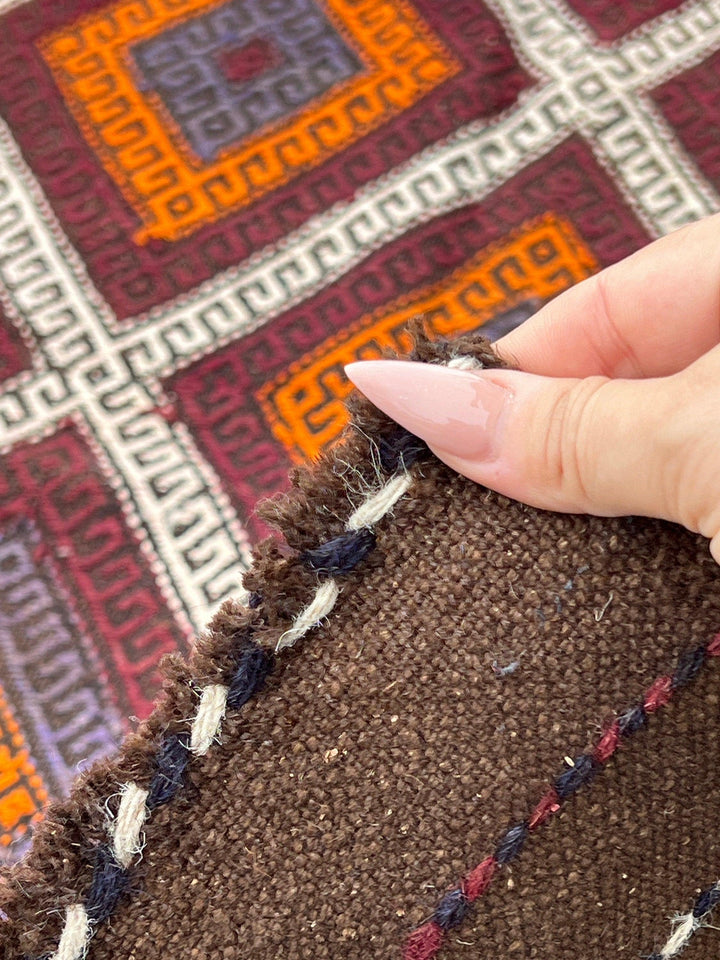 3x9 (90x275) Handmade Afghan Kilim Runner Rug | Chocolate Brown Maroon Garnet Red Ivory Orange Navy Midnight Blue | Persian Flatweave Wool