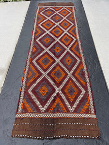 3x9 (90x275) Handmade Afghan Kilim Runner Rug | Chocolate Brown Maroon Garnet Red Ivory Orange Navy Midnight Blue | Persian Flatweave Wool