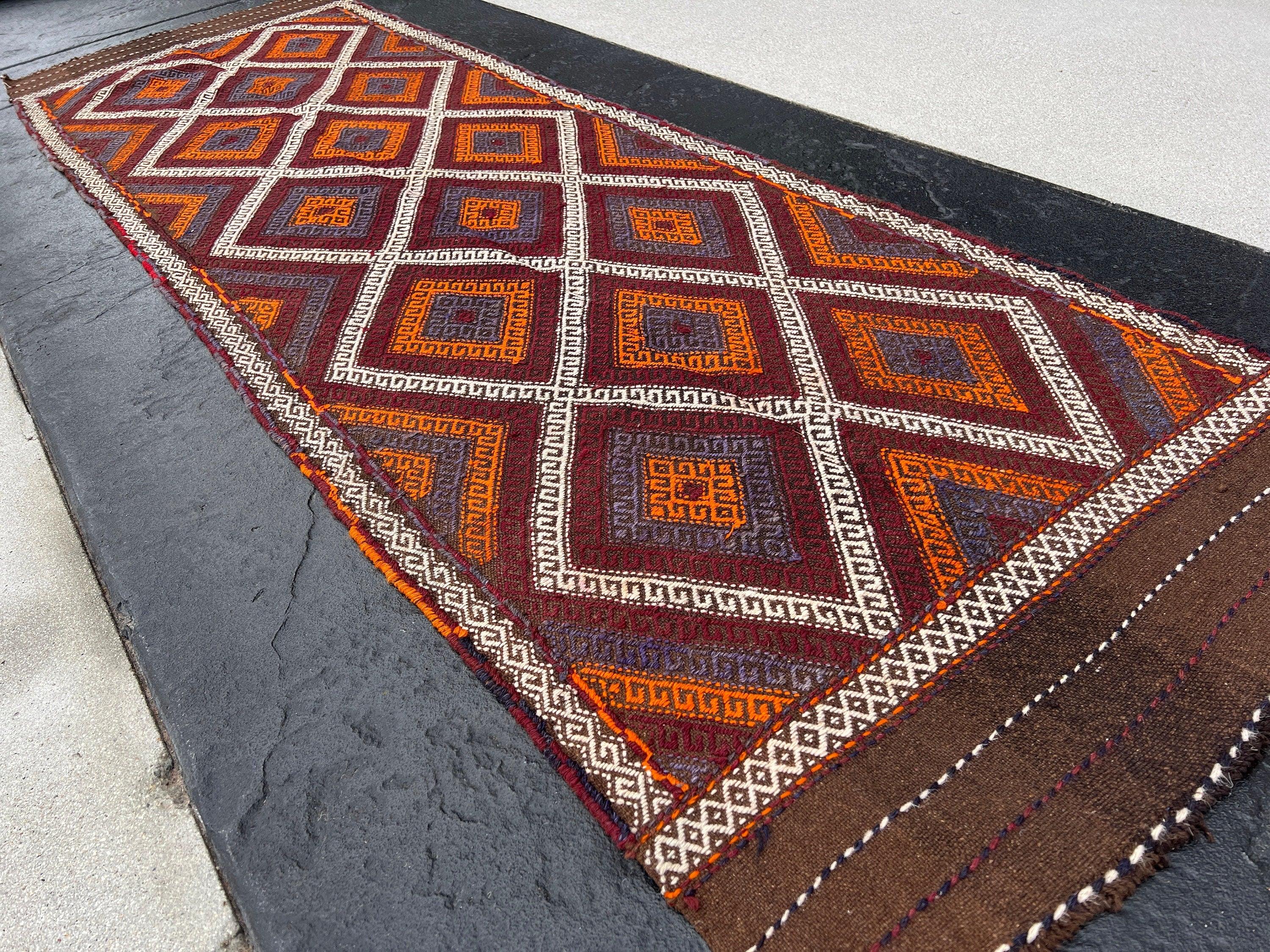 3x9 (90x275) Handmade Afghan Kilim Runner Rug | Chocolate Brown Maroon Garnet Red Ivory Orange Navy Midnight Blue | Persian Flatweave Wool