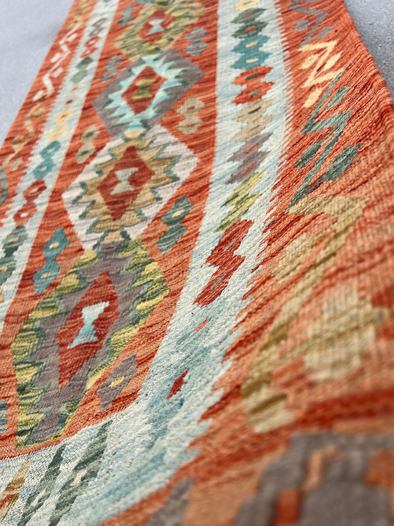 2x10 (90x335) Handmade Afghan Kilim Runner Rug | Burnt Orange Sky Denim Blue Charcoal Grey Olive Chocolate Brown Teal Cornsilk | Wool