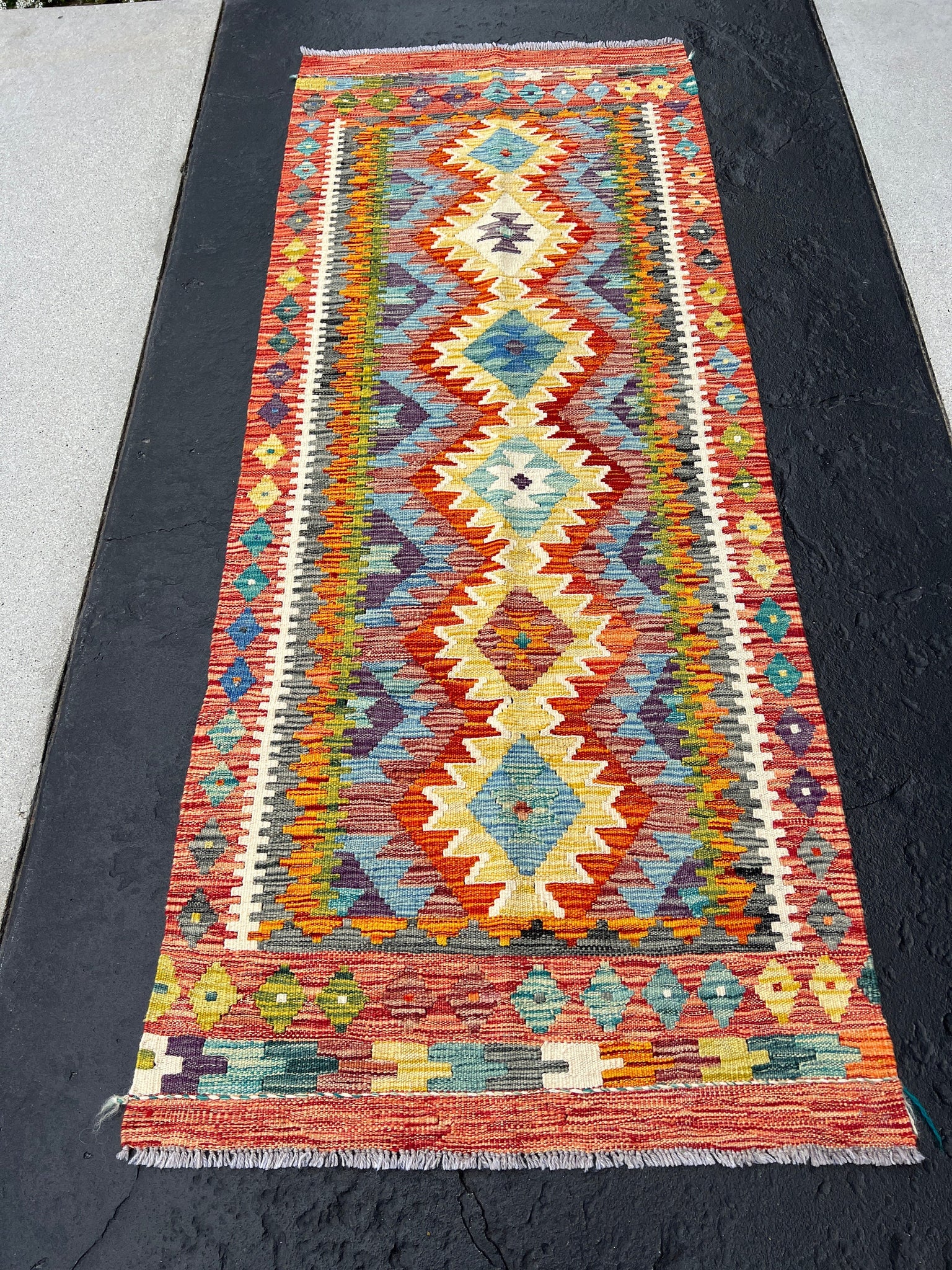 3x6 (90x180) Handmade Afghan Kilim Rug | Brick Red Burnt Orange Charcoal Grey Cornsilk Teal Denim Blue Purple Olive Ivory Turquoise | Wool