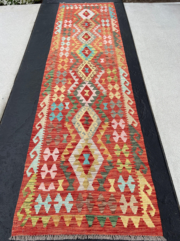 3x10 (90x305) Handmade Afghan Kilim Runner Rug | Burnt Orange Olive Salmon Pink Charcoal Grey Cornsilk Turquoise Cream Beige Chocolate