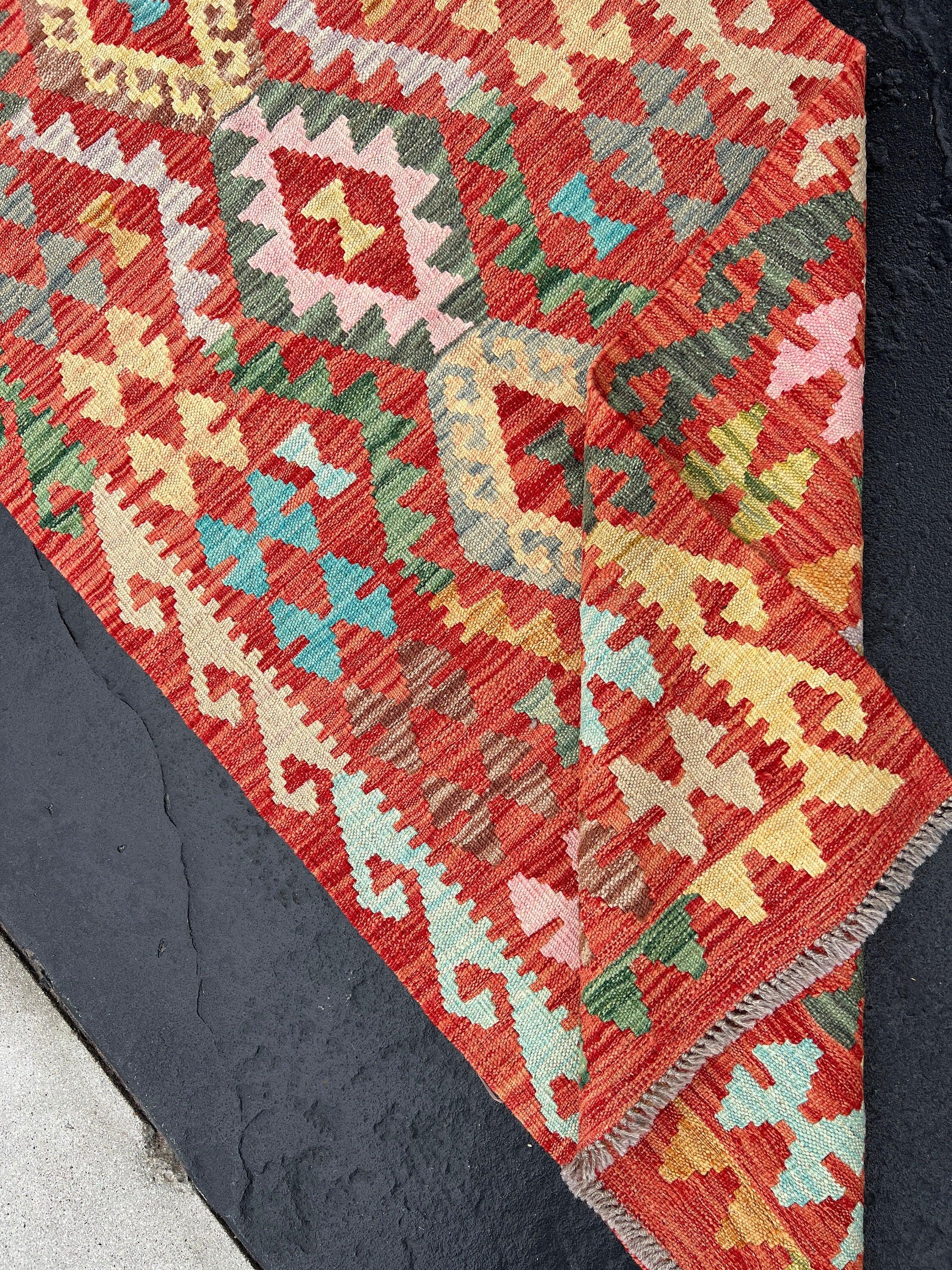 3x10 (90x305) Handmade Afghan Kilim Runner Rug | Burnt Orange Olive Salmon Pink Charcoal Grey Cornsilk Turquoise Cream Beige Chocolate