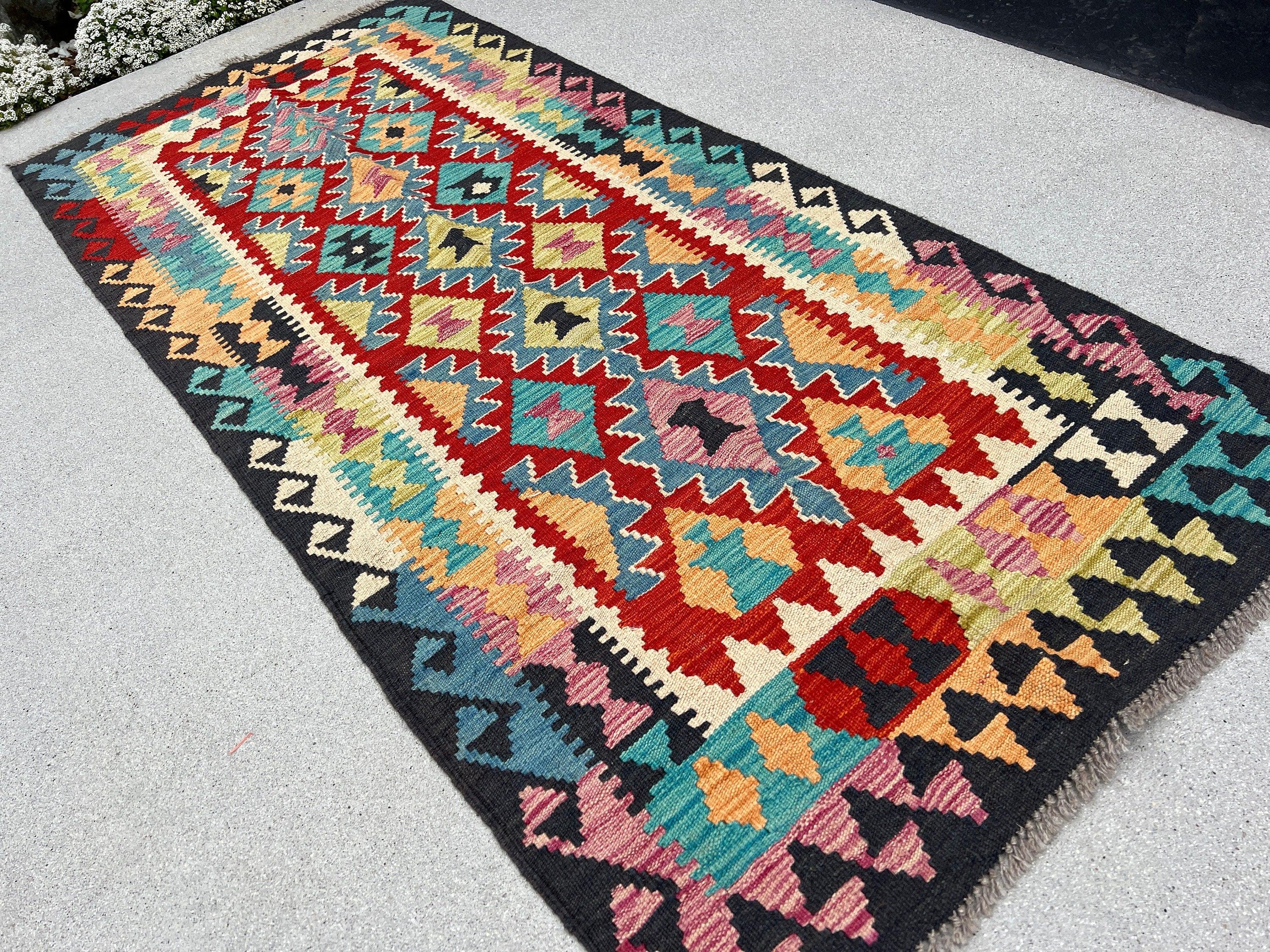 3x7 (100x200) Handmade Afghan Kilim Runner Rug | Black Blood Red Salmon Teal Olive Mint Cream Beige Turquoise Denim Blue Orange | Flatweave