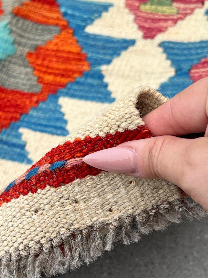 3x7 (100x200) Handmade Afghan Kilim Runner Rug | Cream Beige Blood Red Charcoal Grey Denim Blue Olive Teal Purple Turquoise | Persian Wool