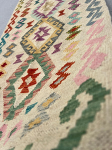 3x10 (90x305) Handmade Afghan Kilim Runner Rug | Cream Olive Pine Green Powder Blue Cornsilk Grey Brick Red Turquoise Purple Baby Pink Wool
