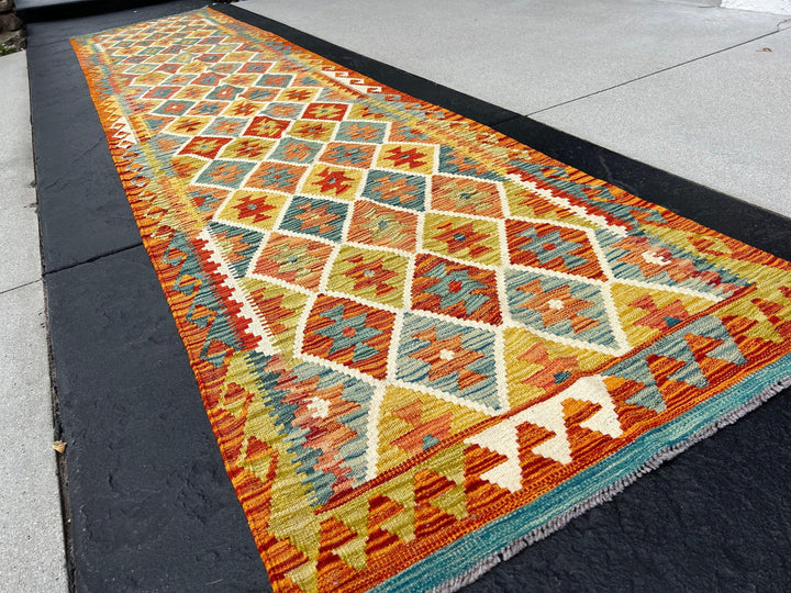 3x13 (90x395) Handmade Afghan Kilim Rug Runner | Burnt Rust Orange Teal Olive Green Ivory White Brick Red | Flatweave Hand Knotted Turkish