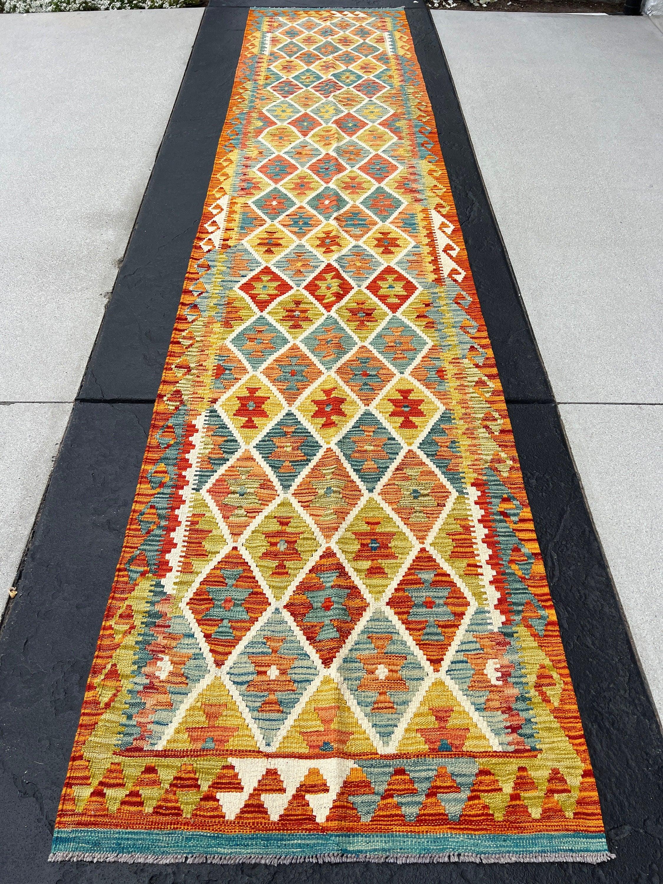 3x13 (90x395) Handmade Afghan Kilim Rug Runner | Burnt Rust Orange Teal Olive Green Ivory White Brick Red | Flatweave Hand Knotted Turkish