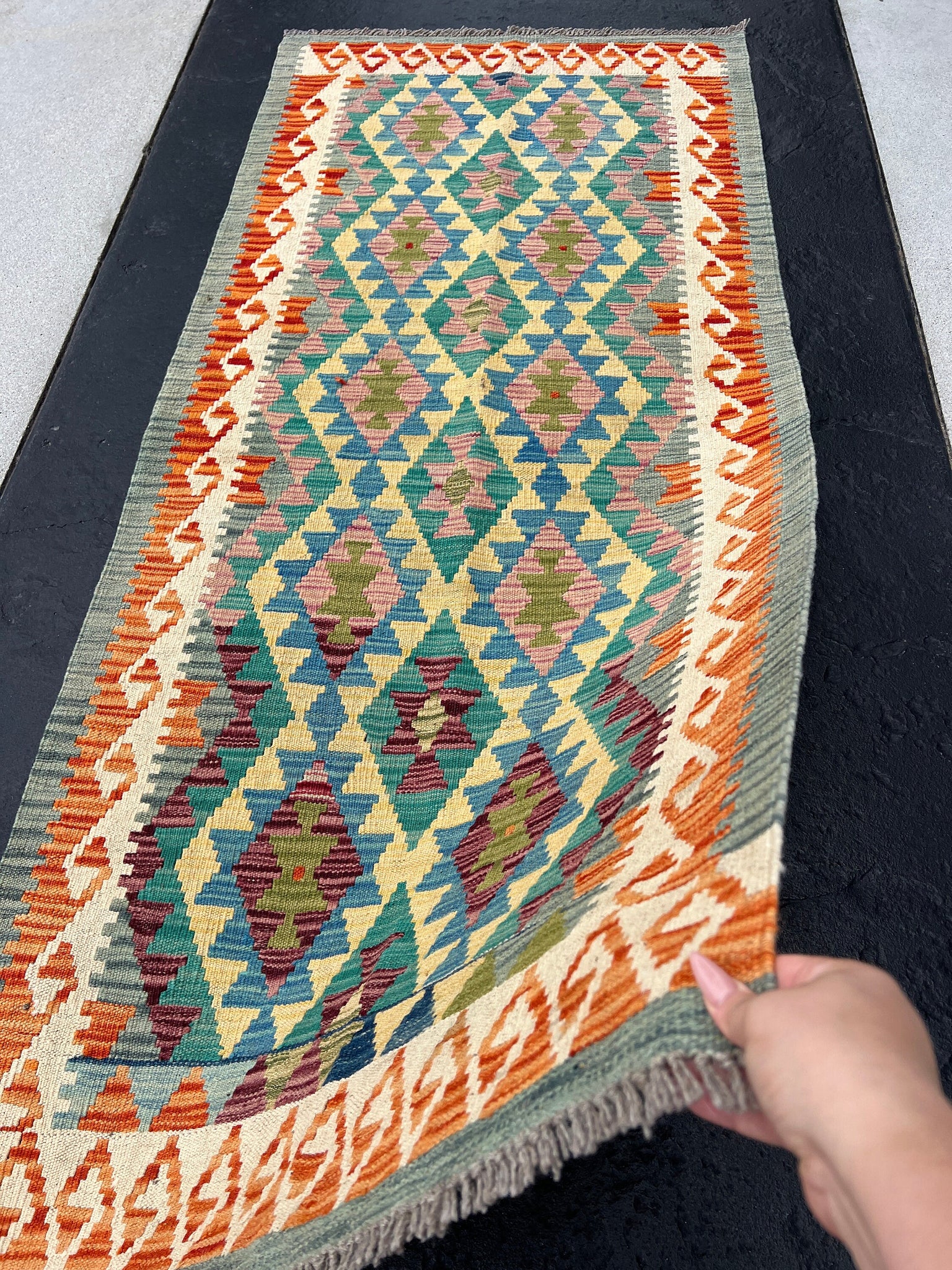 3x7 (100x200) Handmade Afghan Kilim Runner Rug | Sage Grey Burnt Orange Denim Blue Teal Cornsilk Cream Beige Purple Pink | Wool