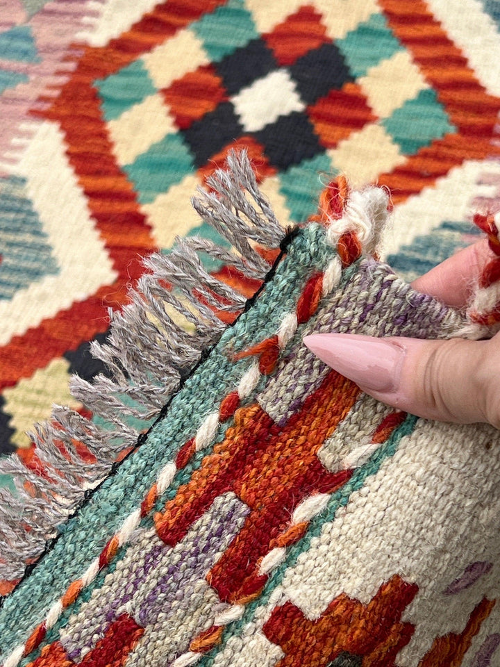 3x7 (100x200) Handmade Afghan Kilim Runner Rug | Cream Rose Blood Red Charcoal Grey Denim Blue Olive Taupe Teal Turquoise Orange Black Wool