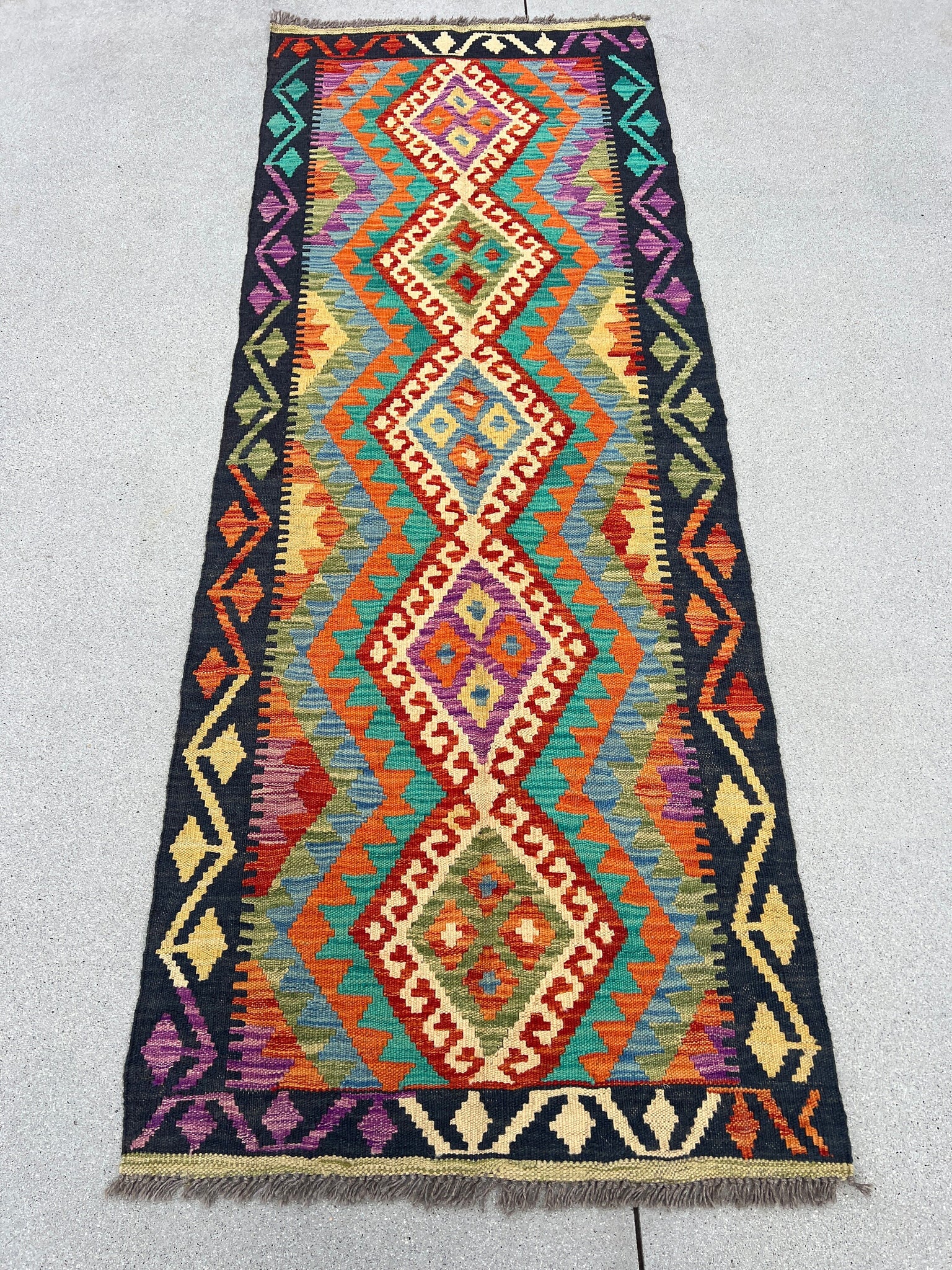 3x7 (100x200) Handmade Afghan Kilim Runner Rug | Black Burnt Orange Purple Teal Cornsilk Olive Cream Beige Denim Blue Orange | Oushak Wool