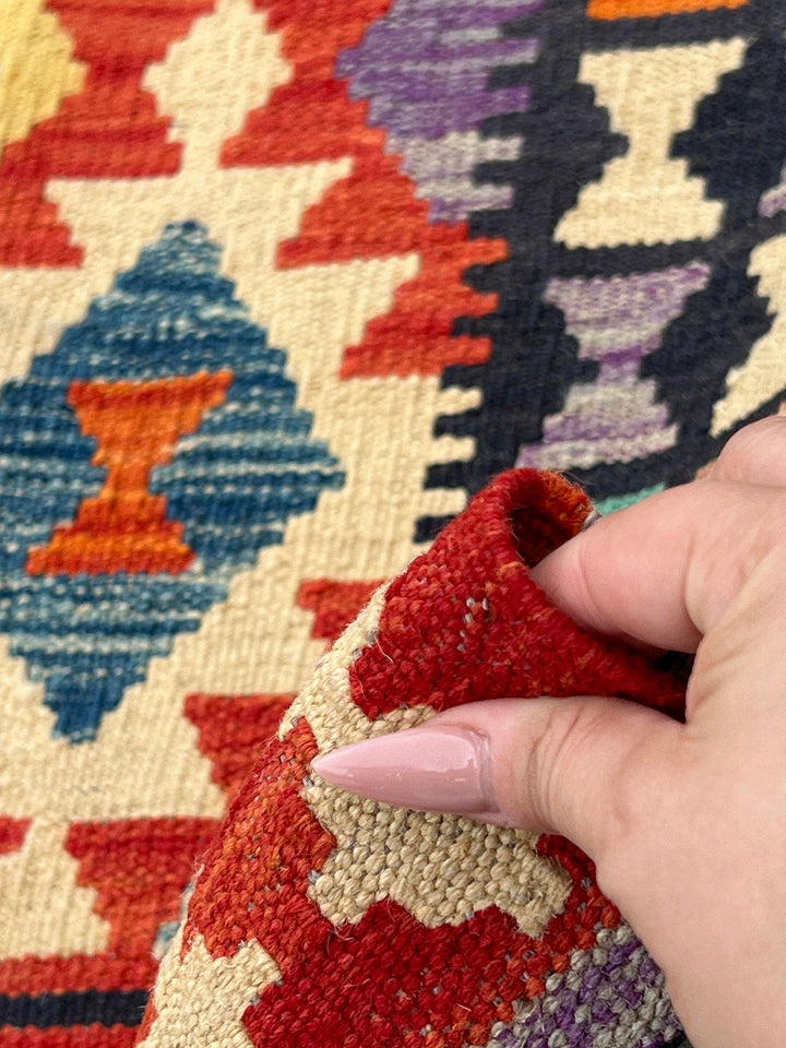 3x7 (100x200) Handmade Afghan Kilim Runner Rug | Cornsilk Burnt Orange Blood Red Turquoise Purple Lilac Olive Denim Blue Cream Beige Wool