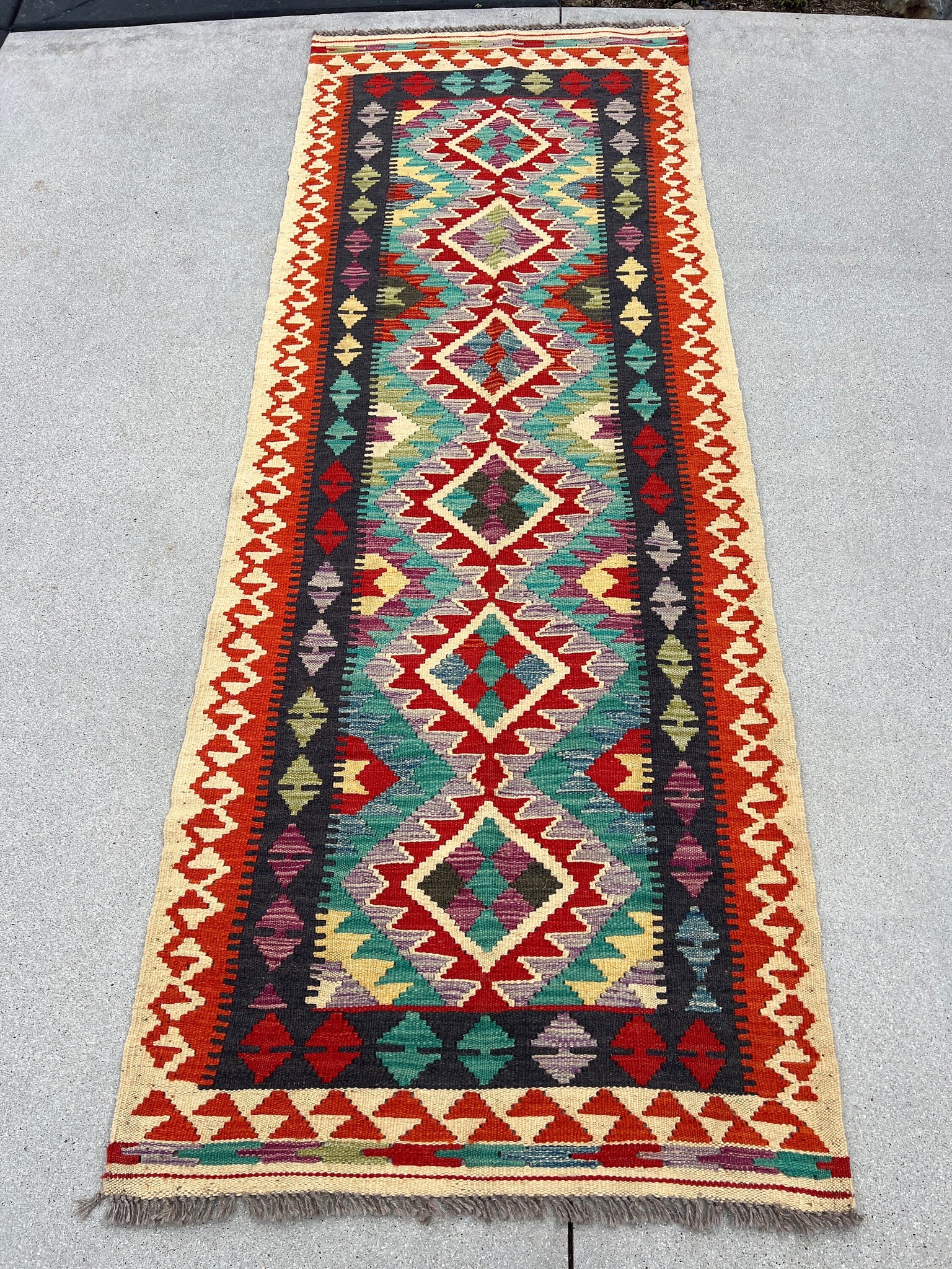 3x7 (100x200) Handmade Afghan Kilim Runner Rug | Cornsilk Cream Beige Brick Red Burnt Orange Denim Blue Teal Olive Purple Charcoal | Wool