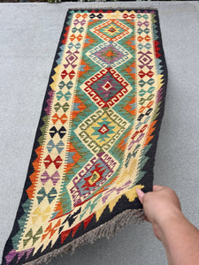 3x7 (100x200) Handmade Afghan Kilim Runner Rug | Black Cream Beige Olive Mint Turquoise Teal Denim Blue Burnt Orange Purple Cornsilk | Wool
