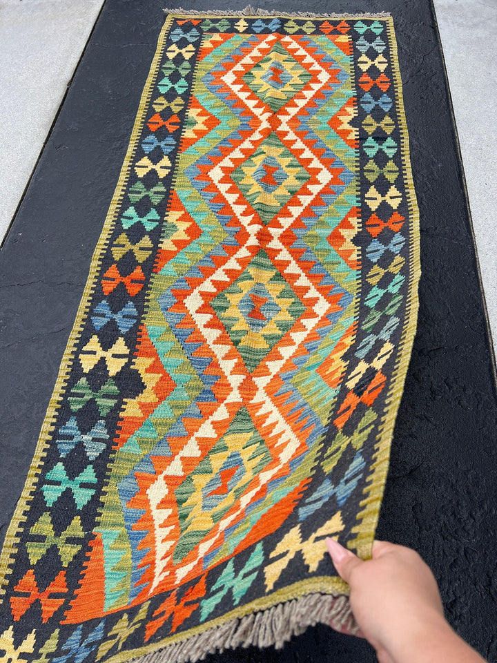 3x7 (100x200) Handmade Afghan Kilim Runner Rug | Olive Black Denim Blue Orange Turquoise Cream Beige Mustard Cornsilk Yellow | Persian Wool