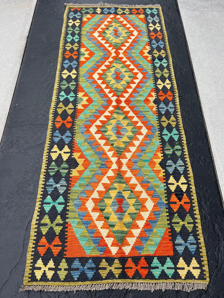 3x7 (100x200) Handmade Afghan Kilim Runner Rug | Olive Black Denim Blue Orange Turquoise Cream Beige Mustard Cornsilk Yellow | Persian Wool