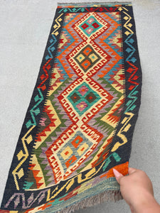 3x7 (100x200) Handmade Afghan Kilim Runner Rug | Black Beige Olive Sage Green Teal Denim Blue Burnt Orange Purple Cornsilk Yellow Charcoal