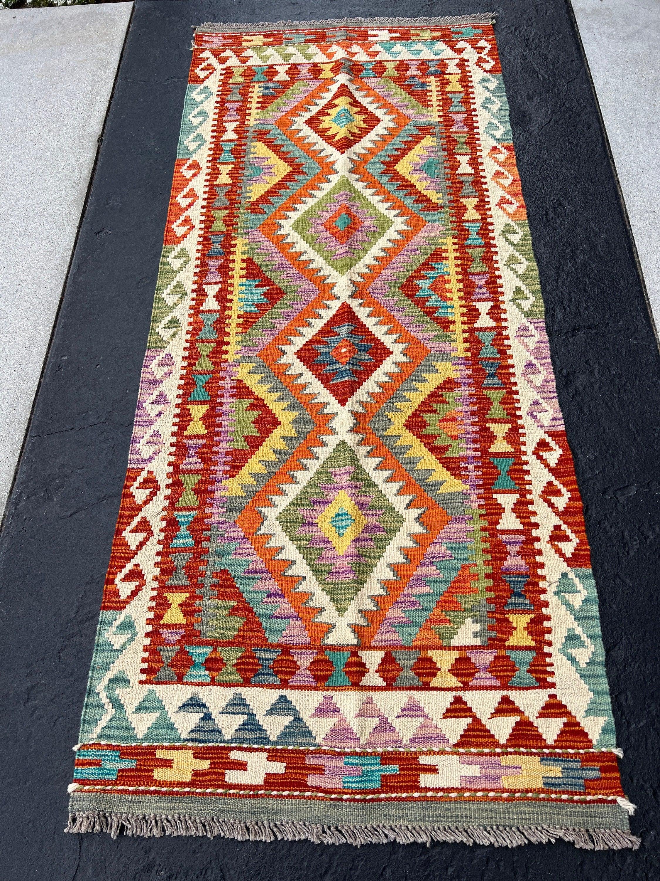 3x6 (90x180) Handmade Afghan Kilim Runner Rug | Cream Beige Cornsilk Teal Burnt Orange Purple Sage Olive Denim Blue Ivory Turquoise Grey