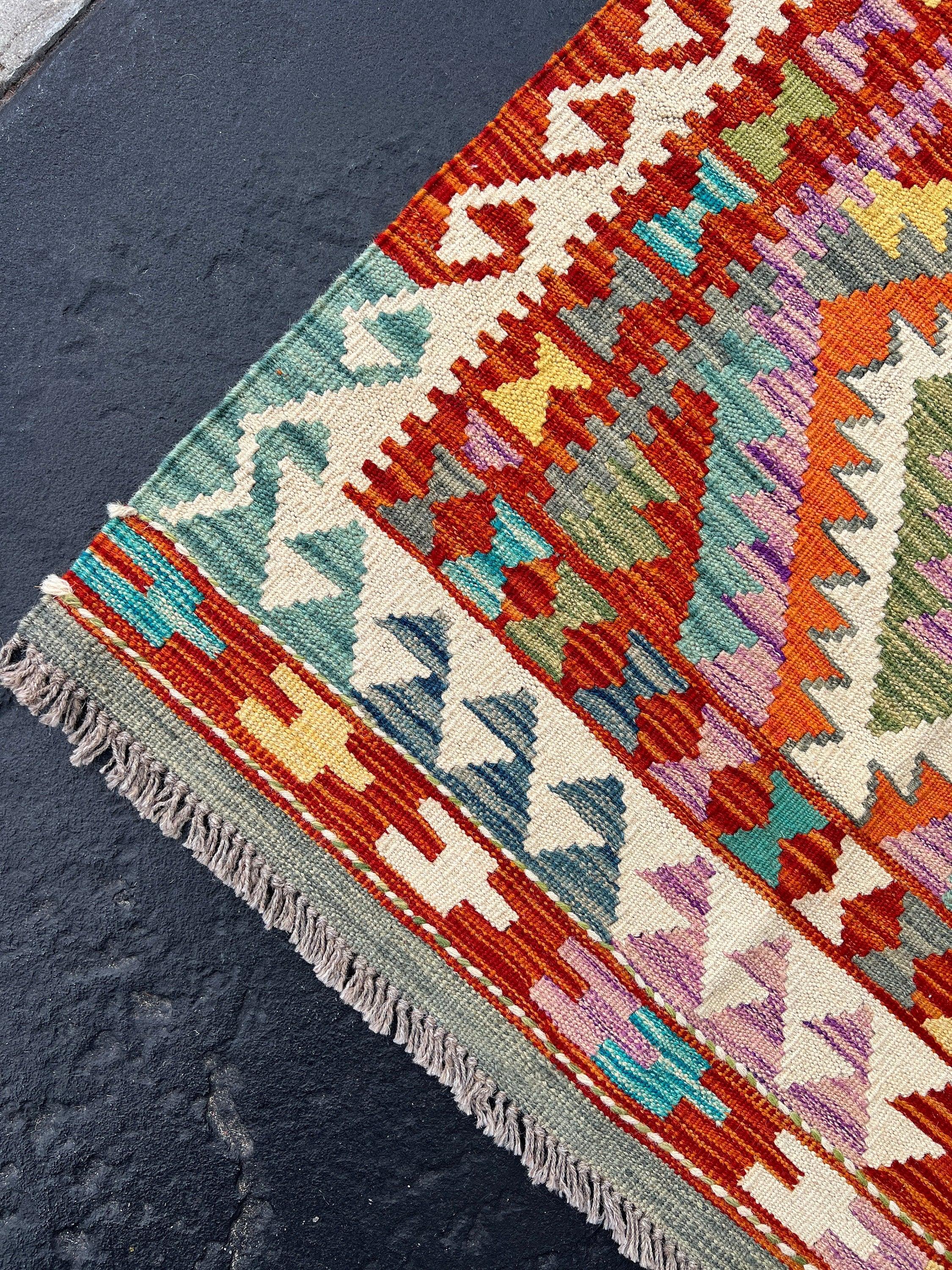 3x6 (90x180) Handmade Afghan Kilim Runner Rug | Cream Beige Cornsilk Teal Burnt Orange Purple Sage Olive Denim Blue Ivory Turquoise Grey