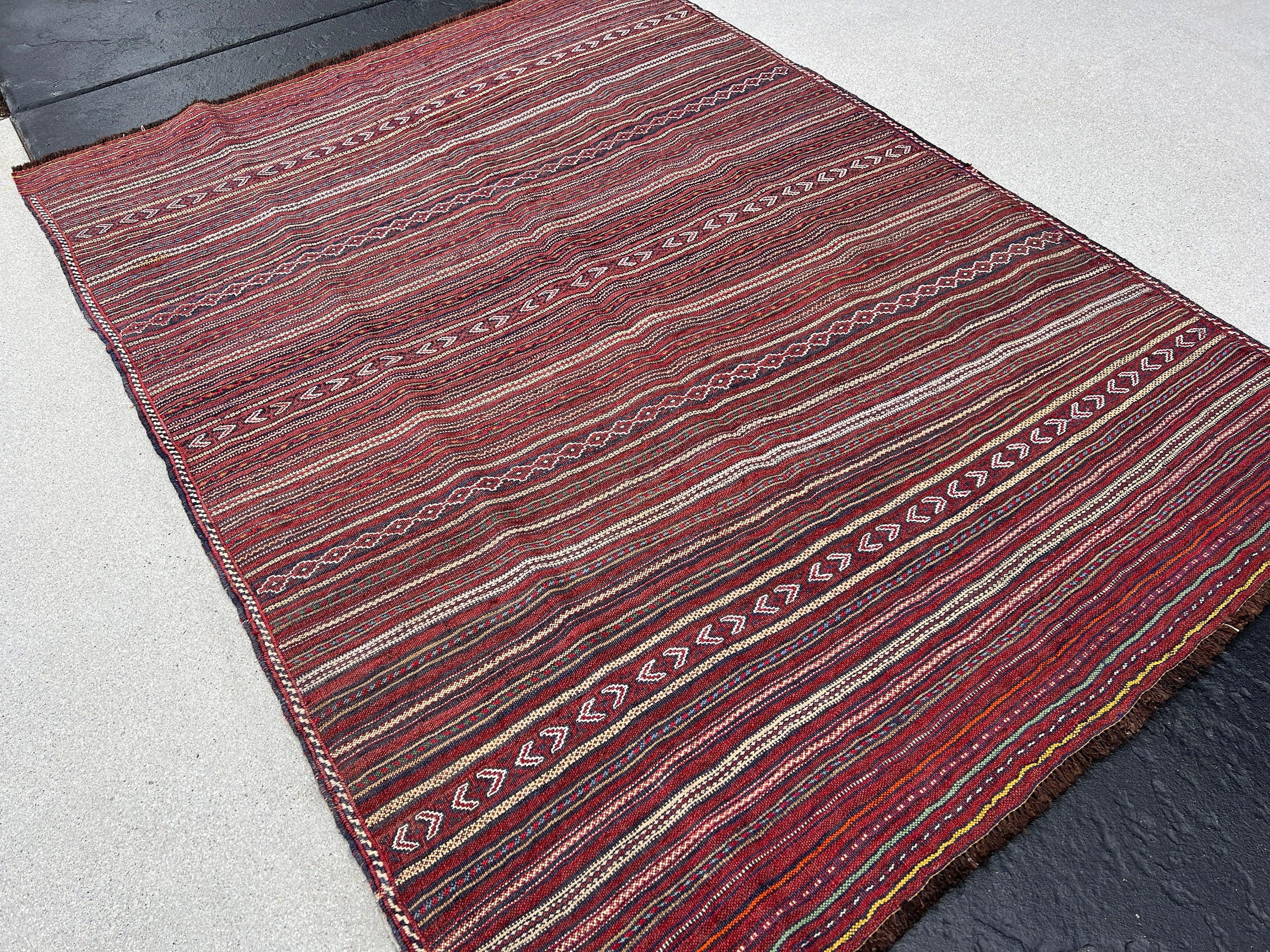 5x6 (150x215) Handmade Afghan Kilim Rug | Blood Brick Red Burnt Orange Gold Yellow Pine Green Ivory Denim Blue Chocolate Cream Beige Black