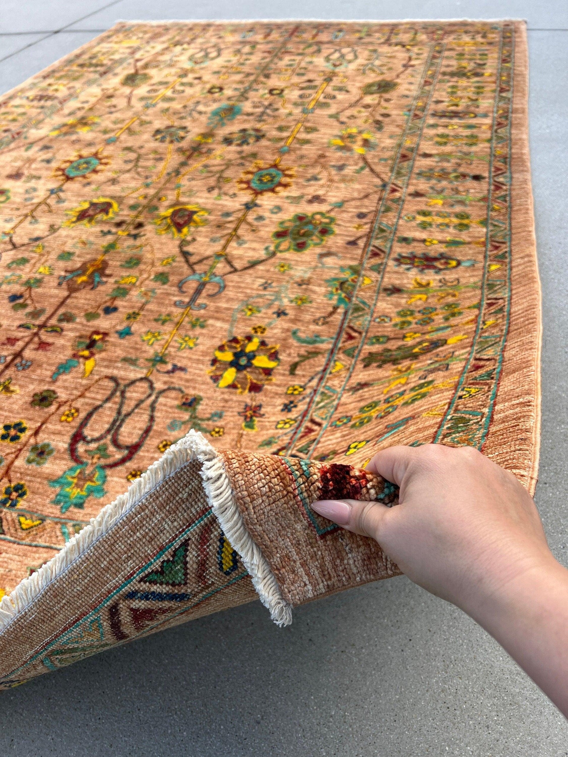 6x9 Handmade Afghan Rug Peach Coral Salmon Pink Yellow Gold Turquoise Teal Wine Red Sage Forest Lime Green Aqua Blue | Hand Knotted Persian