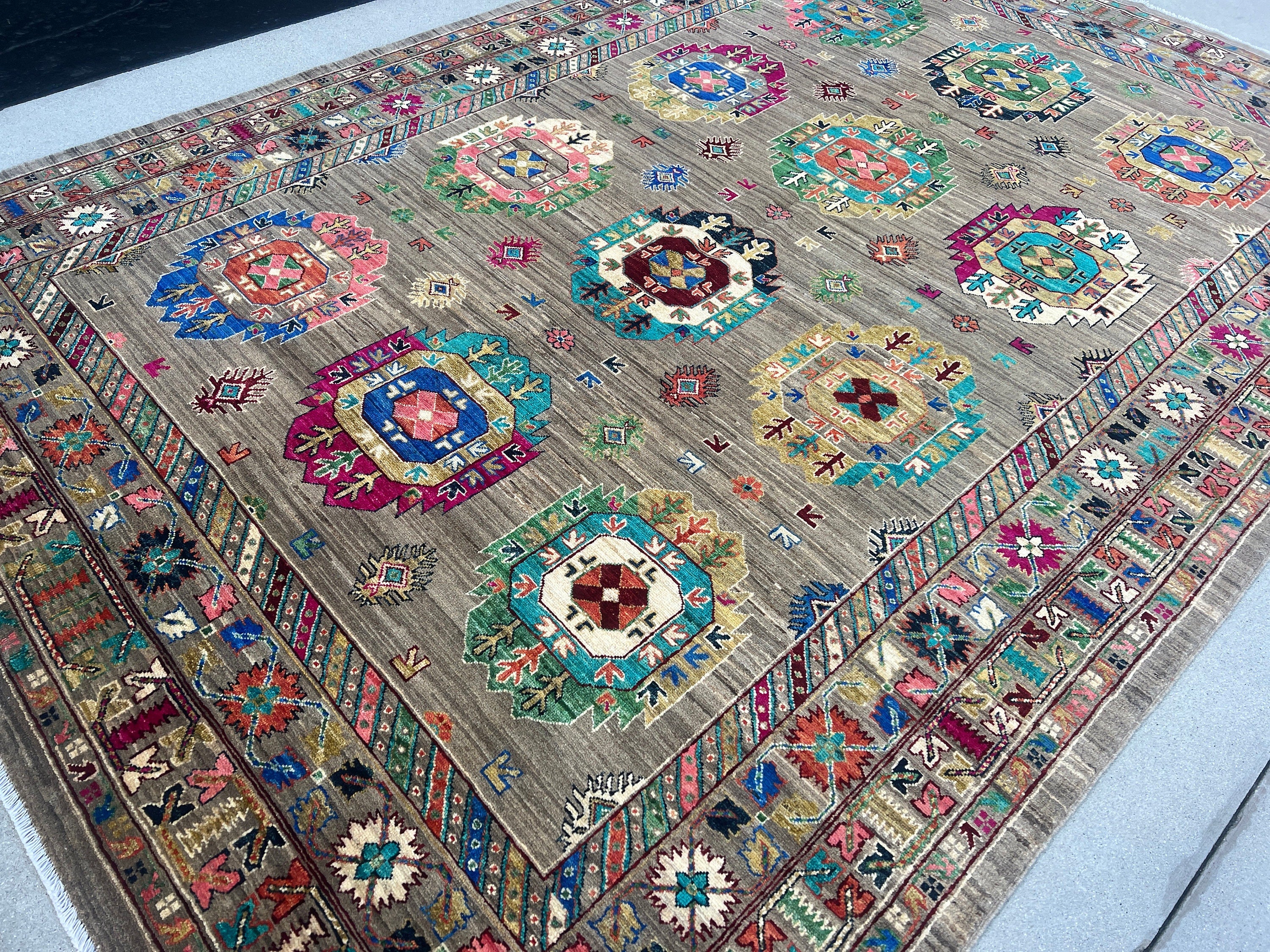 7x10 (213x305) Handmade Afghan Rug | Tan Beige Mocha Chocolate Brown Royal Blue Orange Pink Forest Green Turquoise Maroon Black Ivory Cream