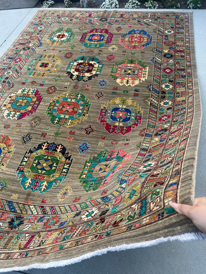7x10 (213x305) Handmade Afghan Rug | Tan Beige Mocha Chocolate Brown Royal Blue Orange Pink Forest Green Turquoise Maroon Black Ivory Cream