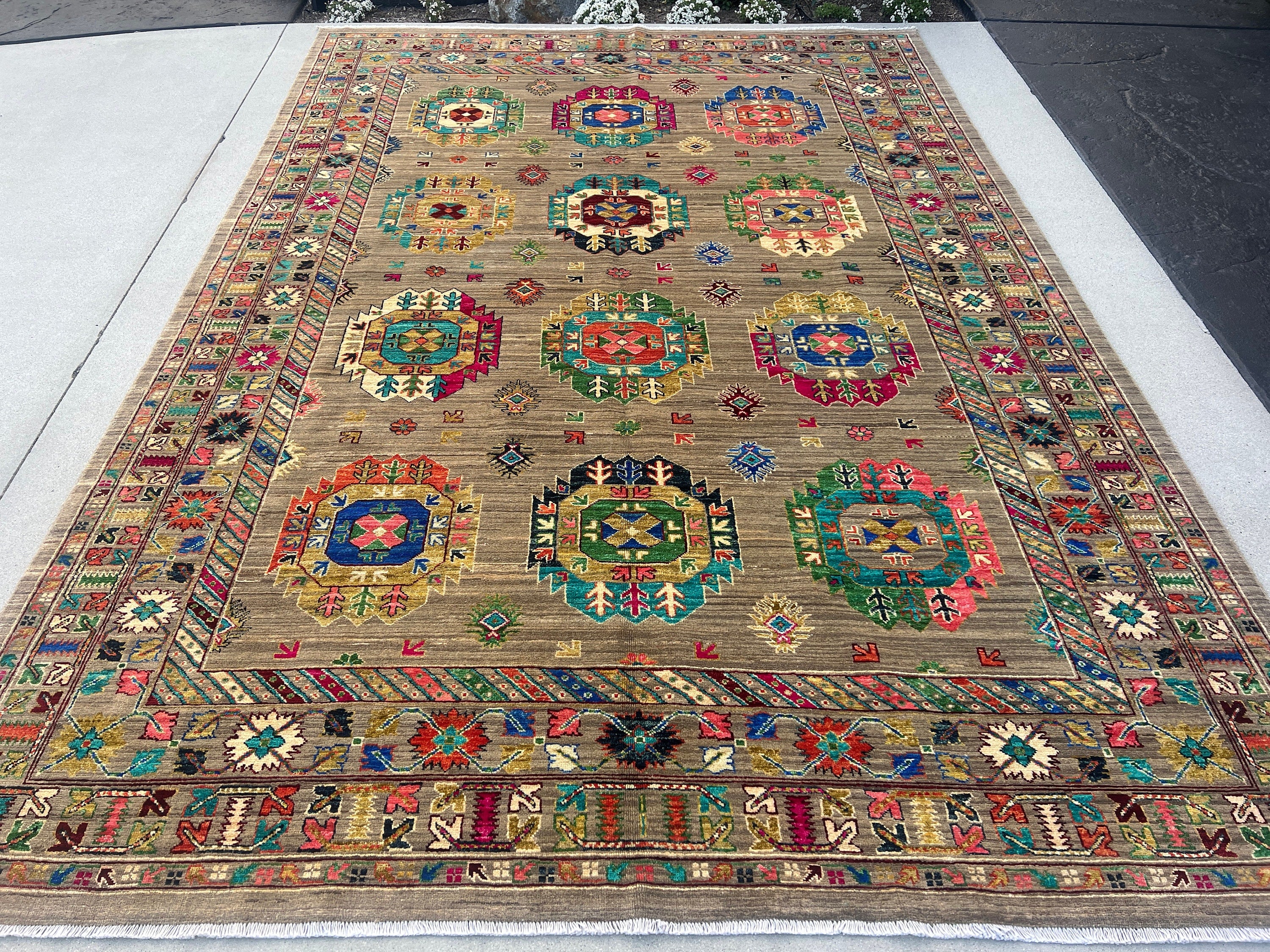 7x10 (213x305) Handmade Afghan Rug | Tan Beige Mocha Chocolate Brown Royal Blue Orange Pink Forest Green Turquoise Maroon Black Ivory Cream