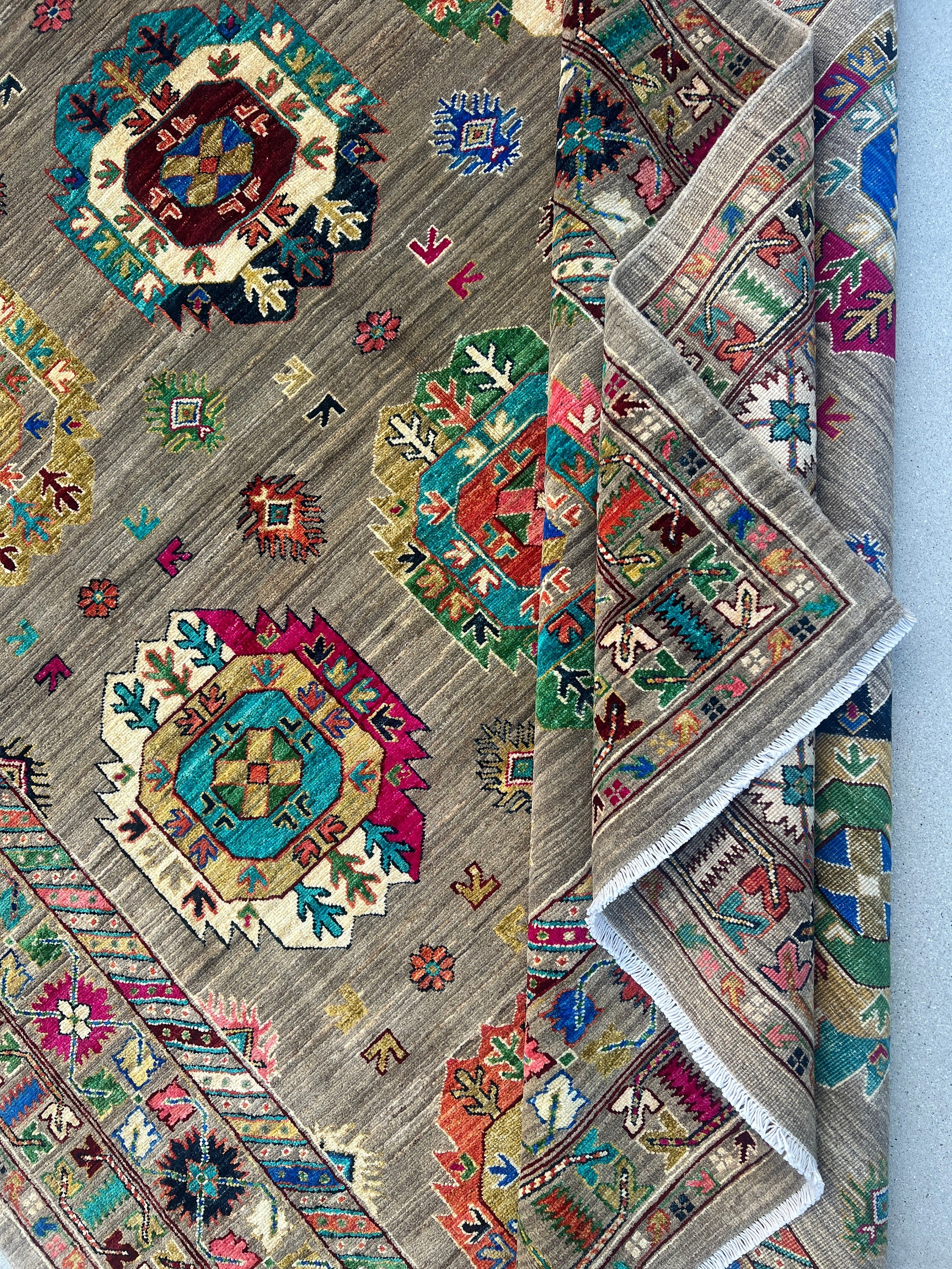 7x10 (213x305) Handmade Afghan Rug | Tan Beige Mocha Chocolate Brown Royal Blue Orange Pink Forest Green Turquoise Maroon Black Ivory Cream