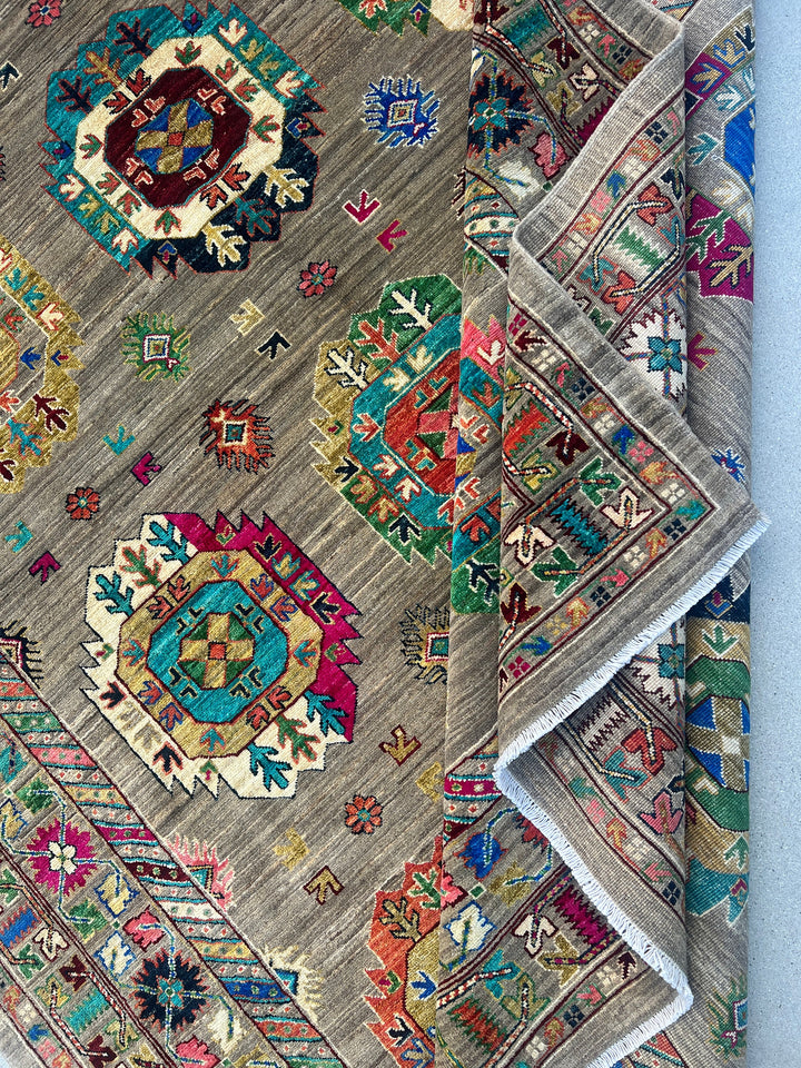 7x10 (213x305) Handmade Afghan Rug | Tan Beige Mocha Chocolate Brown Royal Blue Orange Pink Forest Green Turquoise Maroon Black Ivory Cream