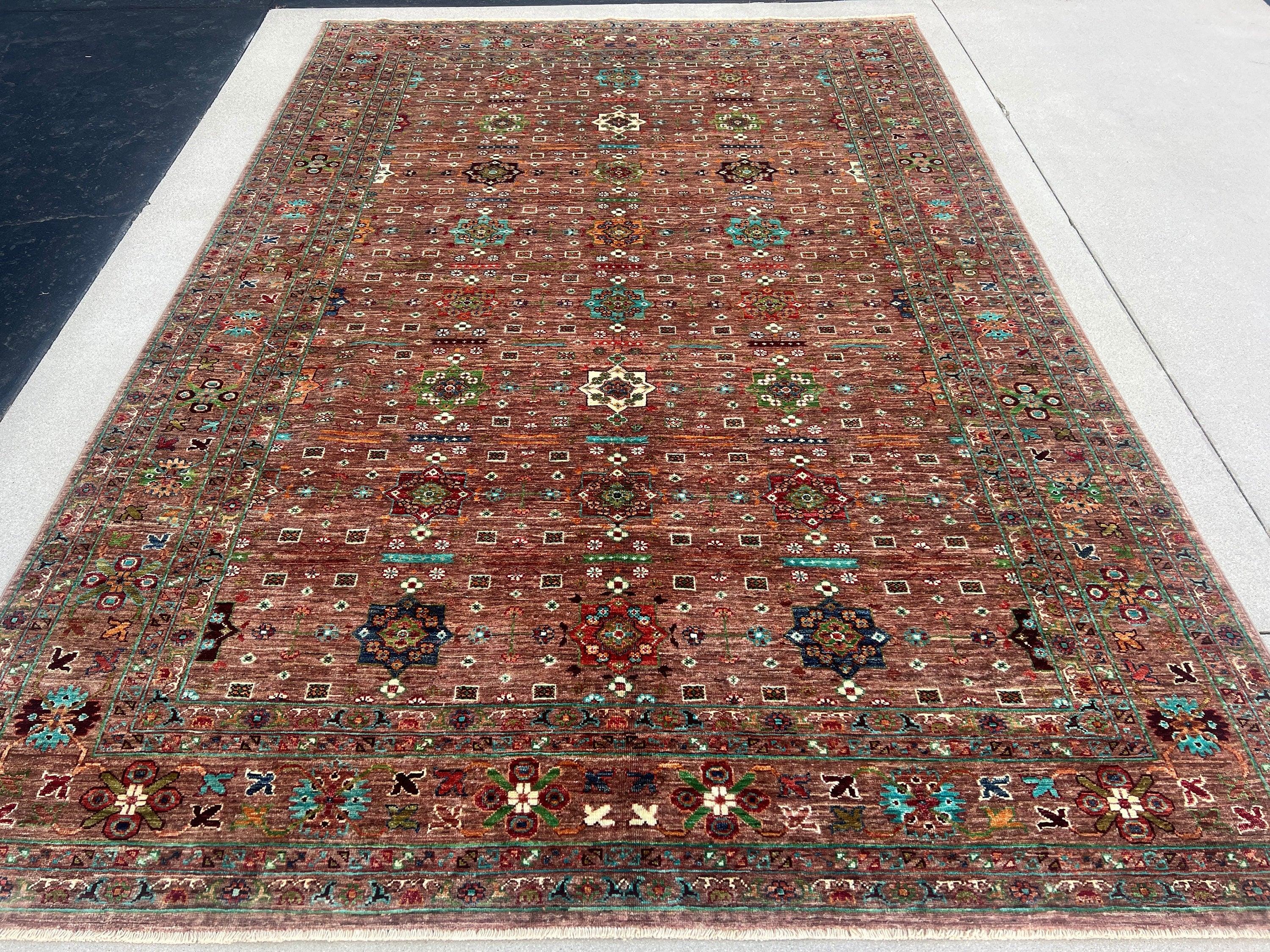 7x10 (213x305) Handmade Afghan Rug | Brown Chocolate Mocha Green Burnt Orange Denim Blue Turquoise Ivory White Wine Maroon Red | Wool