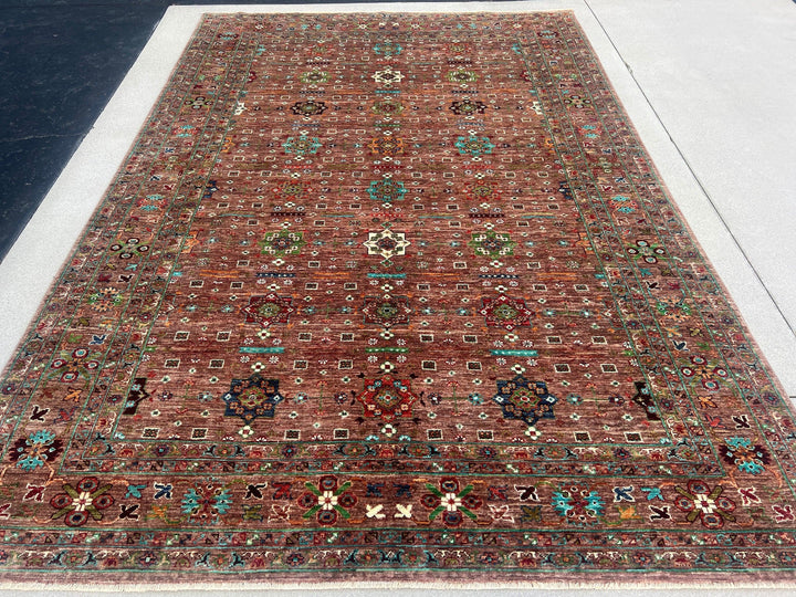 7x10 (213x305) Handmade Afghan Rug | Brown Chocolate Mocha Green Burnt Orange Denim Blue Turquoise Ivory White Wine Maroon Red | Wool